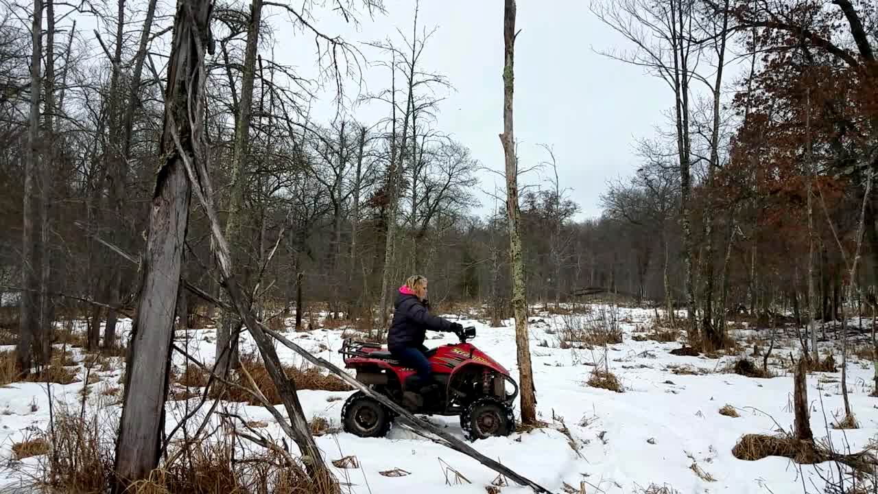 Video thumbnail showing: A woman hits a dead tree with an ATV. The tree breaks and falls on the woman's head.
