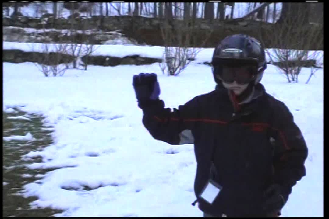 Video thumbnail showing: A.A. Destroy a snowman Young boys run into snowman on zip line. They ram it with head
